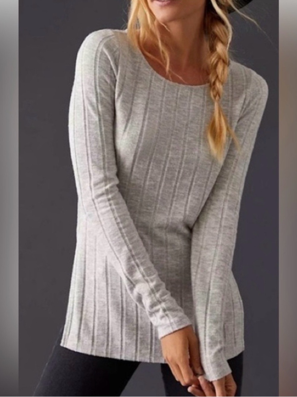 Anthropologie Women's Light Gray Ribbed Long-Sleeve Sweater
